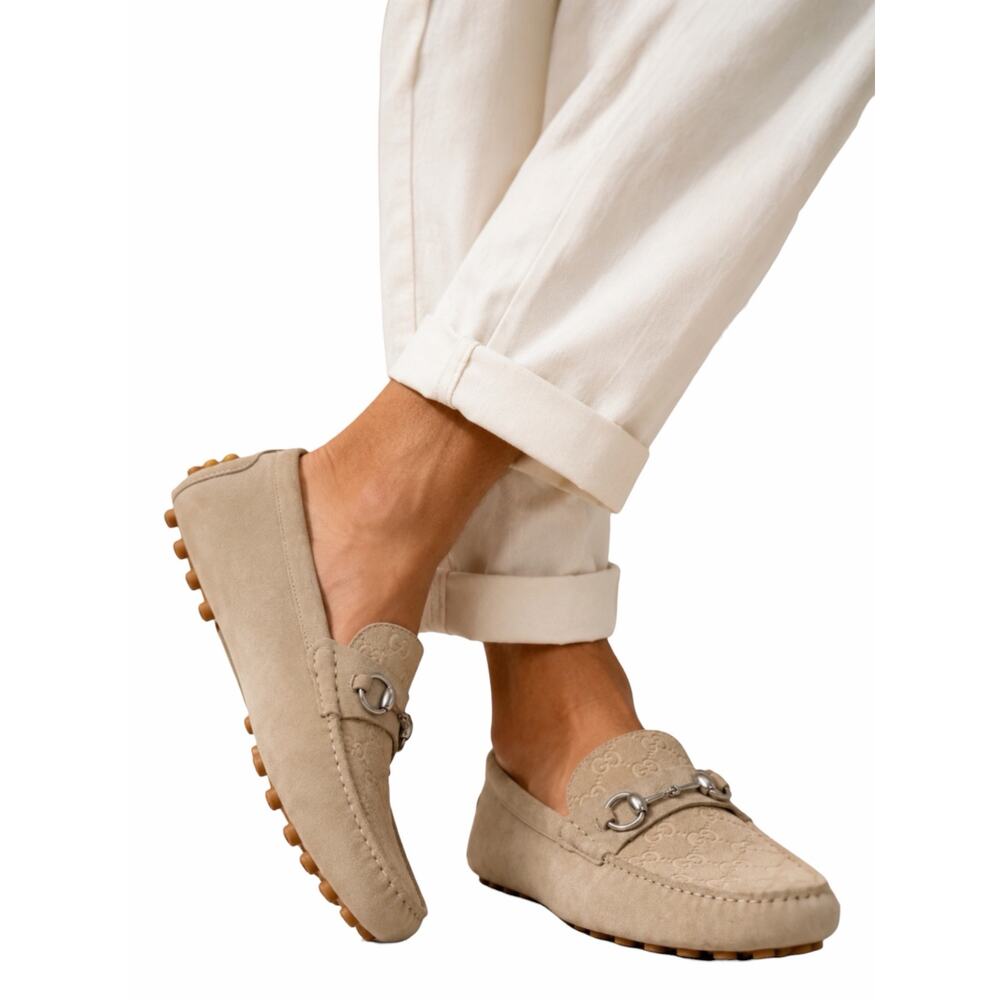 Gucci Byorn Guccisima Horsebit Suede Driver Loafer Oatmeal Size 11.5 - Picture 2 of 15